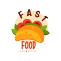 Fast food logo design, badge with tacos sign, Mexican fast food menu vector Illustration on a white background Royalty Free Stock Photo