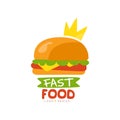 Fast food logo design, burger sign with crown, fast food menu vector Illustration on a white background