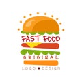 Fast food logo original design, badge with hamburger, fast food menu vector Illustration on a white background