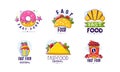 Fast food logo set. Cafe, restaurant, bar or bistro badges, labels cartoon vector illustration Royalty Free Stock Photo