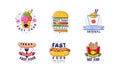 Fast food logo set. Hamburger, hot dog, noodles badges, labels for cafe, restaurant, bar or bistro cartoon vector Royalty Free Stock Photo