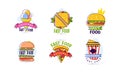 Fast food logo set. Ice cream, sandwich, pizza badges, labels for cafe, restaurant, bar or bistro cartoon vector Royalty Free Stock Photo