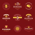 Fast food logos set vector illustration good for pizzeria or burger shop and restaurant menu badges with food silhouette Royalty Free Stock Photo