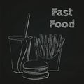 Fast food lunch chalk silhouettes. Burger, fries and soft drink. Royalty Free Stock Photo