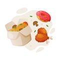 Fast Food Lunch with Cooked Chinese Noodles, Fried Chicken Leg and Donut Vector Composition