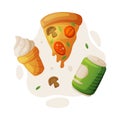 Fast Food Lunch with Cooked Pizza Slice, Vanilla Ice Cream and Soda Drink Vector Composition Royalty Free Stock Photo