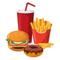 Fast food meal set with classic cheese burger, grilled meat, french fries, glazed donut and soft drink cup