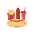 Fast-food meal, hot dog, ketchup, french fries Royalty Free Stock Photo