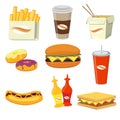 Fast food meals and drinks flat icons vector illustration. Royalty Free Stock Photo