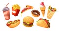 Fast Food Meals Set. Burger, French Fries, Pizza, And Ice Cream. Cola Cup, Hotdog, Tacos With Donut And Shawarma Royalty Free Stock Photo