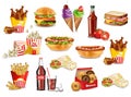 Fast food meals set collection Vector. Realistic detailed collection banner with hotdog, burger, sanwich, french fries, donuts, ic Royalty Free Stock Photo