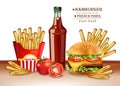 Fast food menu burger and french fries Vector realistic. 3d illustrations