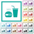 Fast food menu with cheeseburger and drink solid flat color icons with quadrant frames Royalty Free Stock Photo