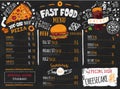 Fast food menu design on dark chalkboard with lettering and doodle style sketches. Vector creative junk kitchen Royalty Free Stock Photo