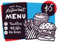 Fast food menu design and fast food hand drawn vector illustration. Restaurant or cafe menu template with burger sketch Royalty Free Stock Photo