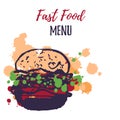 Fast food menu design with watercolor splashes. Grunge hand drawn junk food vector illustration