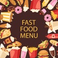 Fast food menu frame vector illustration. Cartoon unhealthy hamburger, pizza and hot dog, ice cream and french fries