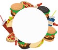 `Fast food menu` with a hamburger, soda, burger, tortilla, pizza. Vector isolated illustration. Fast food
