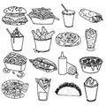 Fast food menu icons black outline Royalty Free Stock Photo