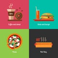 Fast food menu icons of pizza, burger, hot dog, coffee paper cup and chocolate donut Royalty Free Stock Photo