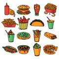 Fast food menu icons set color