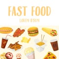 Fast food menu or restaurant background vector illustration. Poster with popcorn, mustard saus hotdogs, hamburger and