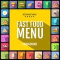 Fast food menu. Set of food and drinks icons. Flat style design. Royalty Free Stock Photo