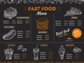 Fast food menu. Sketch sandwich burger, pizza snacks vintage design on chalkboard. Fast food restaurant menu board