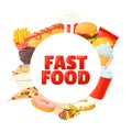 Fast food menu template. Design with coke, hamburger, popcorn, ice cream, crisp. Cartoon vector.