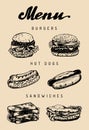 Fast food menu in vector. Burgers, hot dogs, sandwiches illustrations. Snack bar, street restaurant, cafe icons. Royalty Free Stock Photo