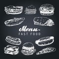 Fast food menu in vector. Burgers, hot dogs, sandwiches illustrations. Snack bar, street restaurant, cafe icons. Royalty Free Stock Photo