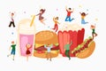 Fast food and mini jumping people interacting with junk food hamburger, french fries, soda, hot dog and donut cartoon Royalty Free Stock Photo