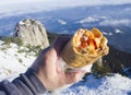 Fast food on mountain landscape Royalty Free Stock Photo