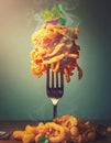 Fast food nocive nutrition concept with a fork holding a pile of oilish foodstuffs on top. Unhealthy eating habits