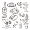 Fast food and other mexican culture elements. Sombrero, guitar, tequila and tacos. Vector hand drawn set