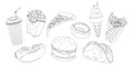 Fast Food Outline Icons Featuring A Burger, Fries, Soda, Donut, Ice Cream And Pizza Slice. Monochrome Linear Symbols