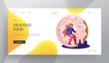 Fast Food, Pastry Website Landing Page, Tiny Man Sitting on Huge Donut, Bakery, Sweet Treat, Confectionery, Fastfood Outdoor