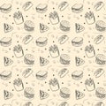Fast food pattern . hand-drawn hamburgers, French fries, hot dogs,pizzas and a plastic cup of drink.vector illustration Royalty Free Stock Photo