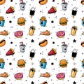 Fast food pattern. Hand drawn seamless pattern with fast food elements. Comic doodle sketch style. Vector illustration