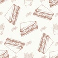 Fast food pattern with sandwich. Hand draw retro illustration. Vintage fast food design. Royalty Free Stock Photo