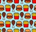 Fast food pattern seamless. burger and fried chicken leg and French fries background