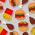 Fast food pattern seamless. burger and fried chicken leg and French fries background