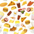 Fast food pattern vector illustration. Hamburger, pizza, roasted chicken and pop corn sushi ice cream isolated on white Royalty Free Stock Photo