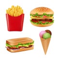 Fast food pictures. Hamburger sandwich fries icecream and cold drinks bread 3d realistic vector illustrations isolated