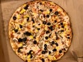 Fast Food Pizza Funghi / Fungi in Box with Olives Mushroom and Corn