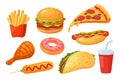 Fast food. Pizza and hamburger, cola and hot dog, chicken and donut, sandwich and corn dog. Isolated cartoon fastfood Royalty Free Stock Photo