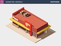 Vector Isometric Fast Food or Pizzerie Building with Sale Sign Board. Royalty Free Stock Photo