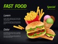 Fast food poster. Burger ingredients beef tomato cheese sandwich meal retro advertizing placard vector template