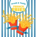 Fresh and tasty french fries poster. Flying potato chips on a striped background