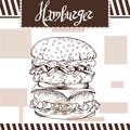 Fast food poster with hamburger. Hand draw retro illustration. Royalty Free Stock Photo